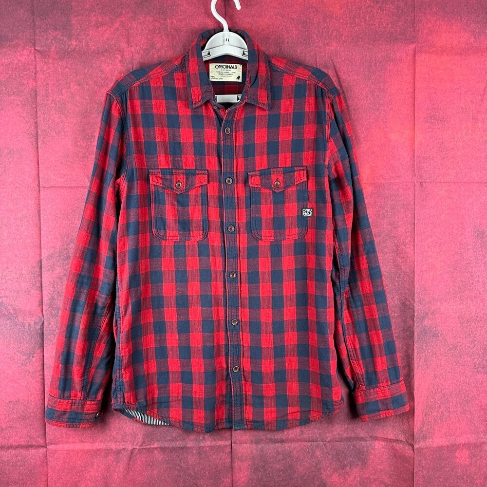 ORIGINALS BY JACK & JONES MEN'S FLANEL LONG SLEEVE PLAID SHIRT RED & BLACK "S"